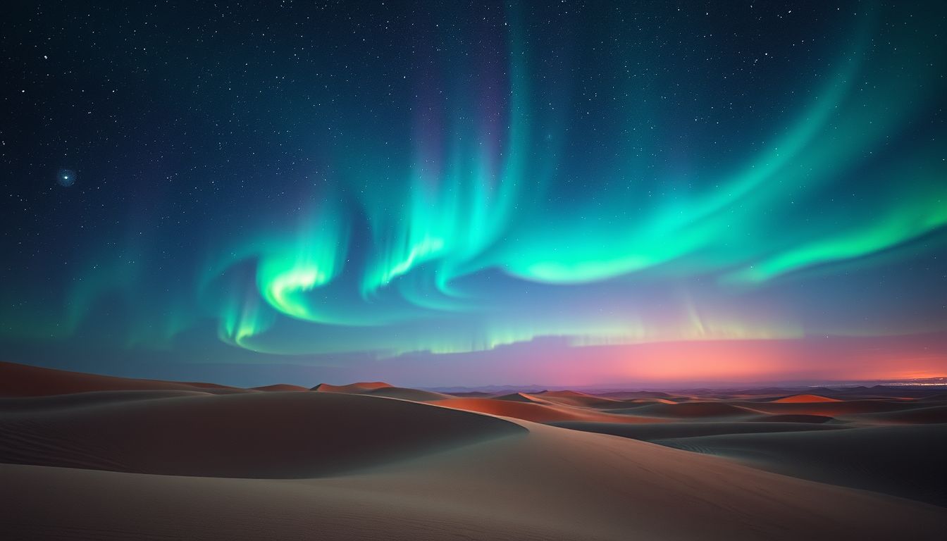 Polarlichter am Wüstenhimmel symbolisieren seltene, magische Momente.