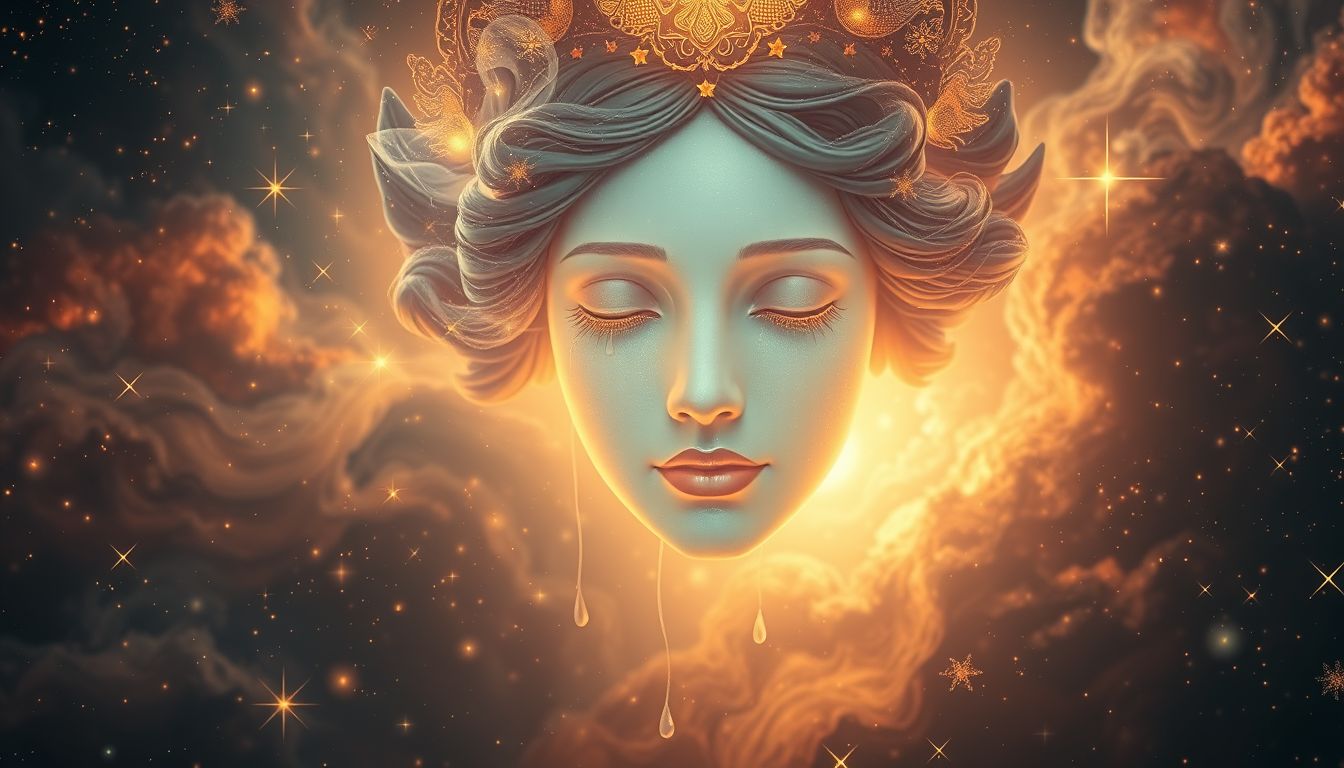 Ein weinendes heiliges Bild symbolisiert tiefes emotionales Erwachen.