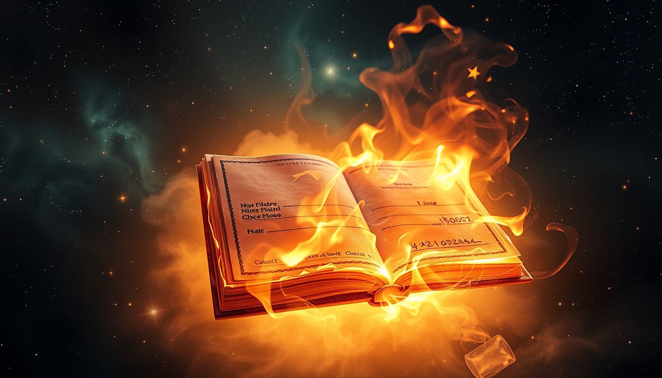 Ein brennendes Scheckheft symbolisiert finanzielle Sorgen und Verlustängste.