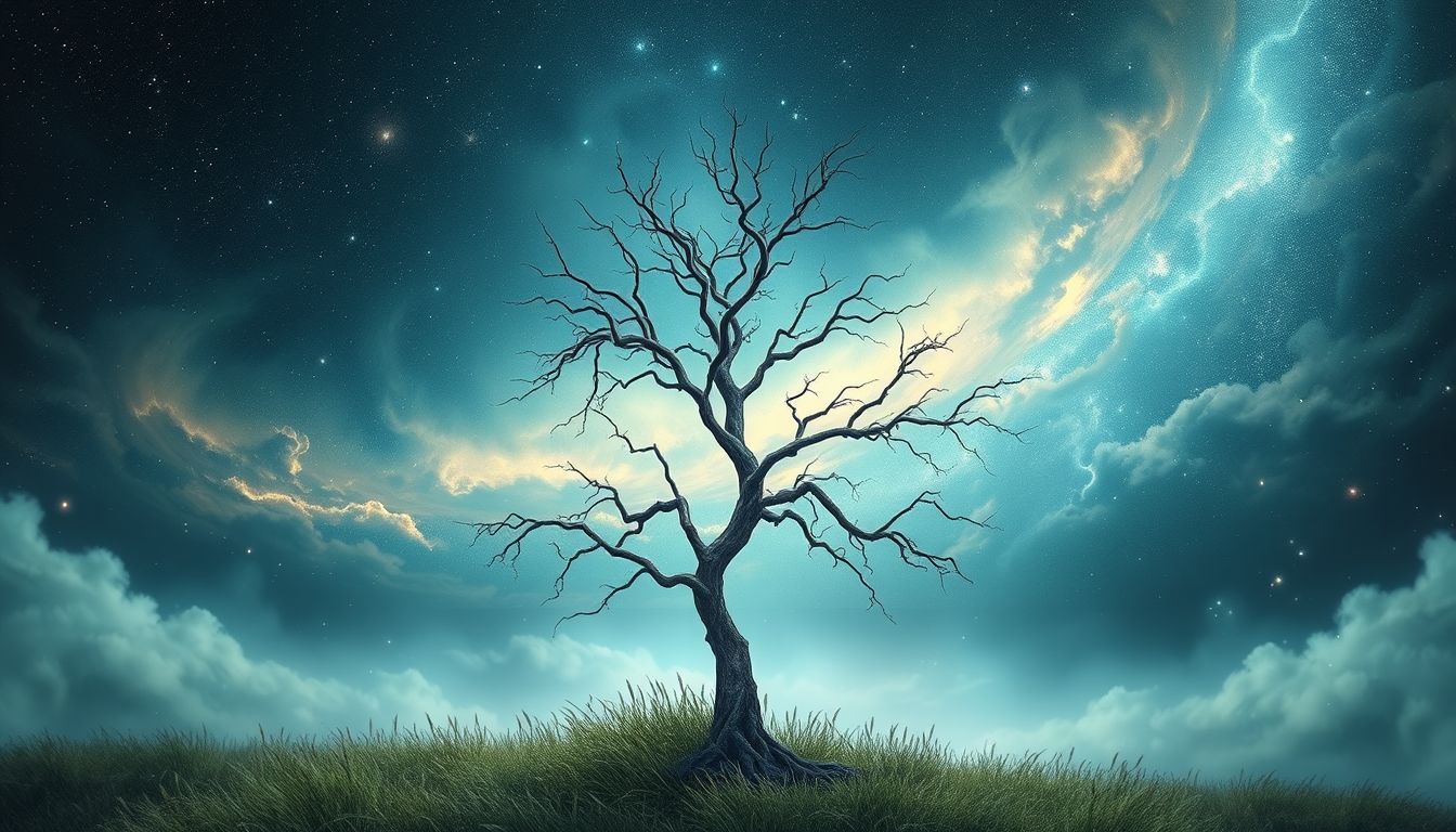 Ein kahler Wiesenbaum symbolisiert emotionale Leere und Stillstand.