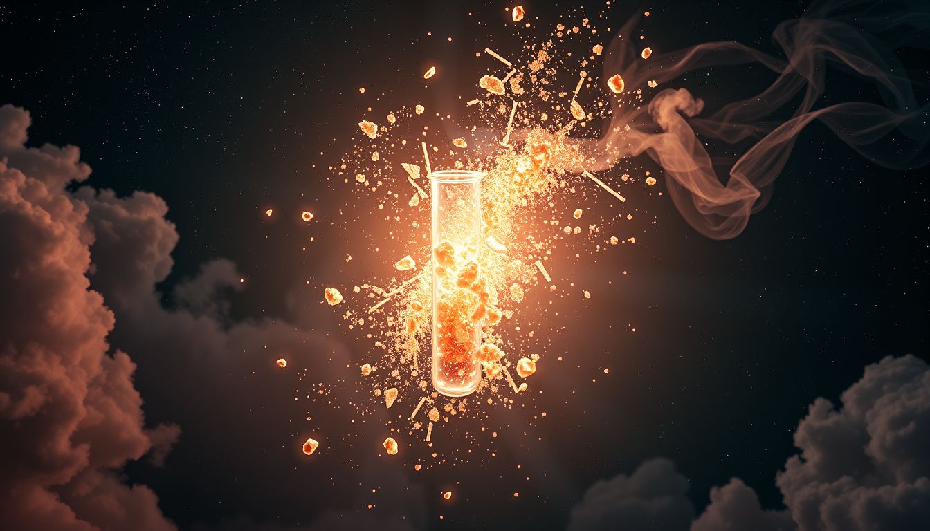 Ein explodierendes Reagenzglas symbolisiert unerwartete emotionale Durchbrüche im Traum.