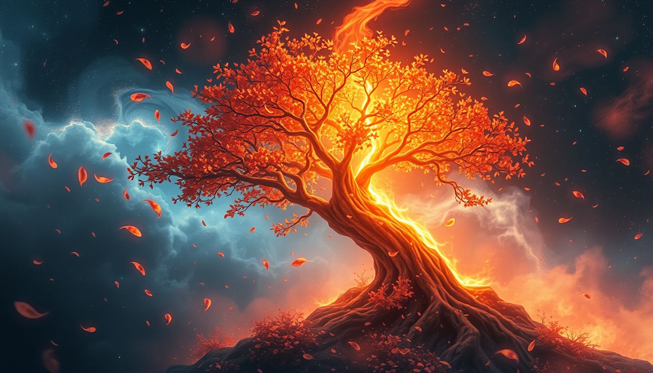 Ein brennender Wiesenbaum symbolisiert leidenschaftliche Transformation und Reinigung.