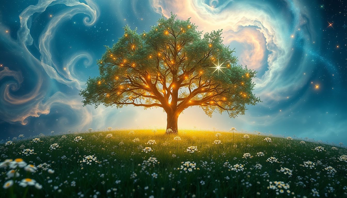 Ein beleuchteter Wiesenbaum symbolisiert Lebensfreude und Gemeinschaft.