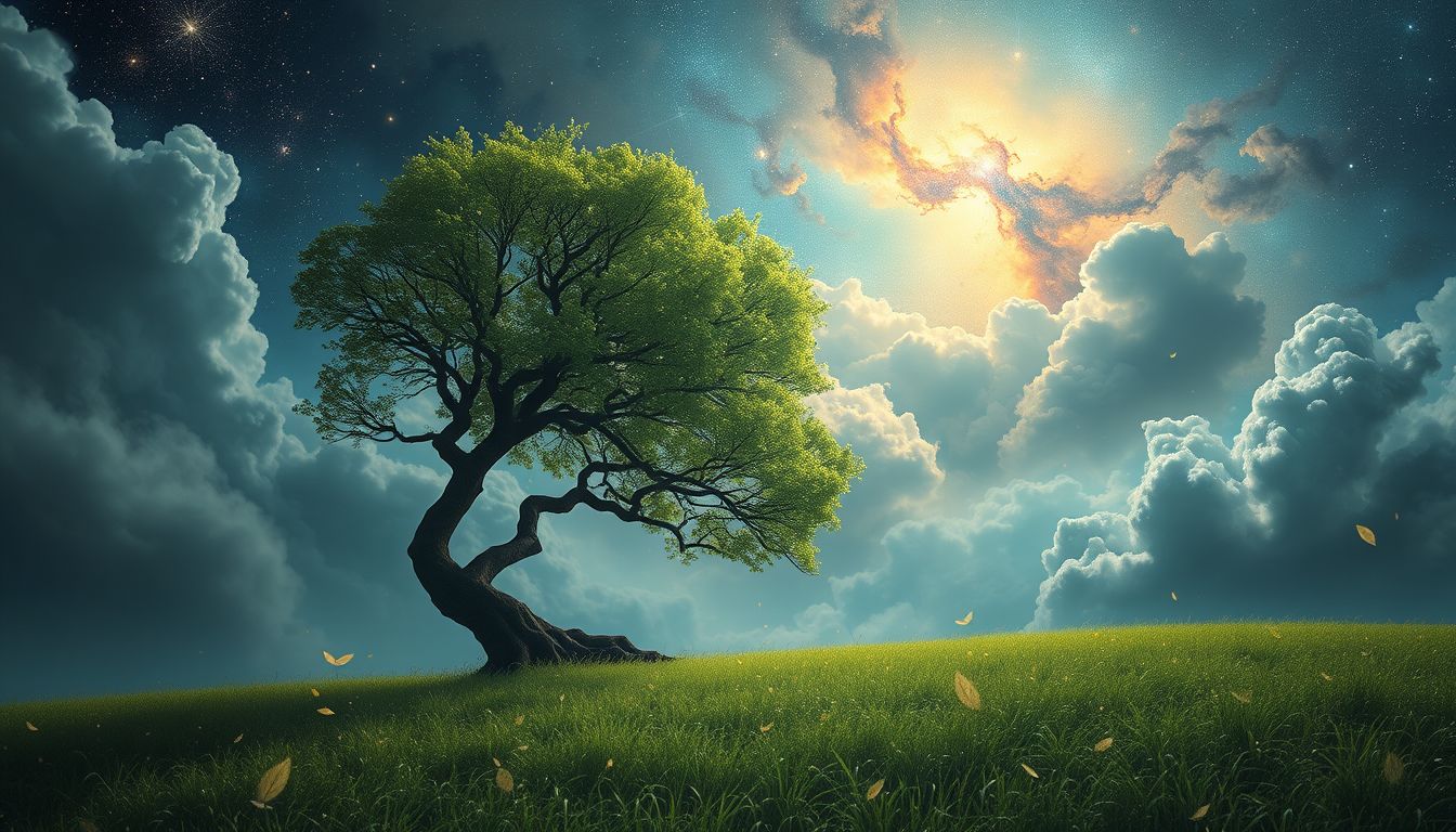 Ein Wiesenbaum symbolisiert innere Stärke trotz Sturm und Ängste.