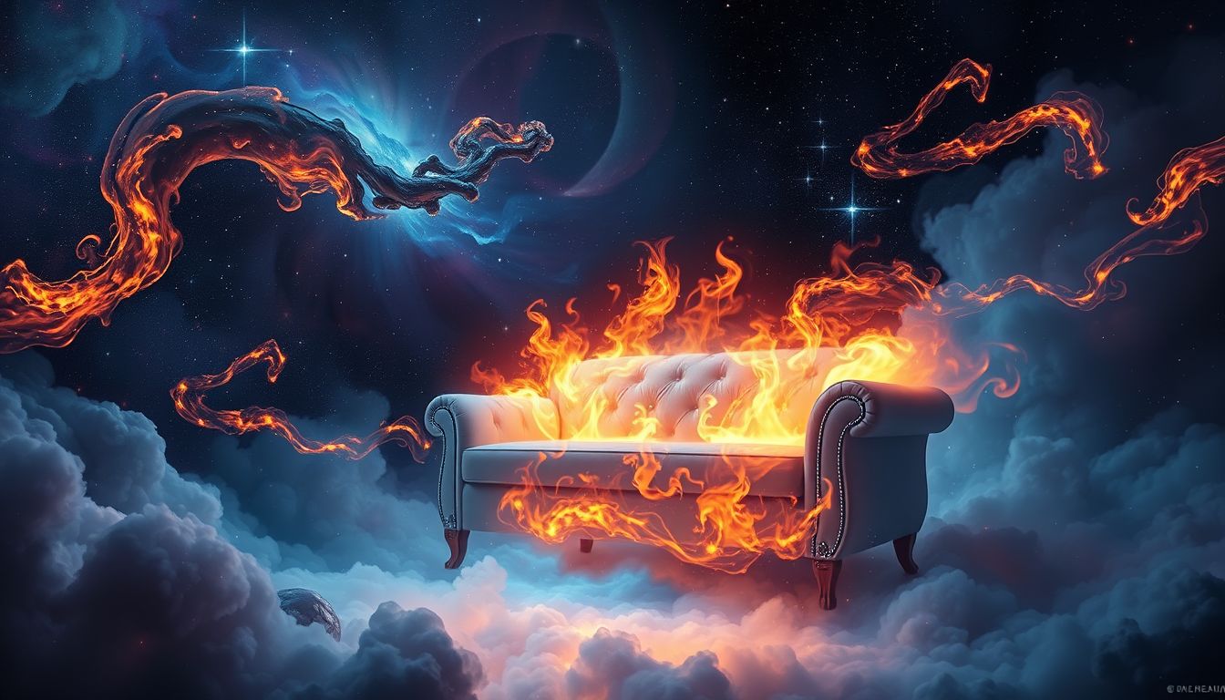 Eine brennende Couch symbolisiert oft innere Konflikte und Transformation.