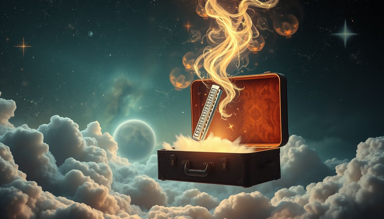 Eine Mundharmonika im alten Koffer symbolisiert verborgene Erinnerungen.