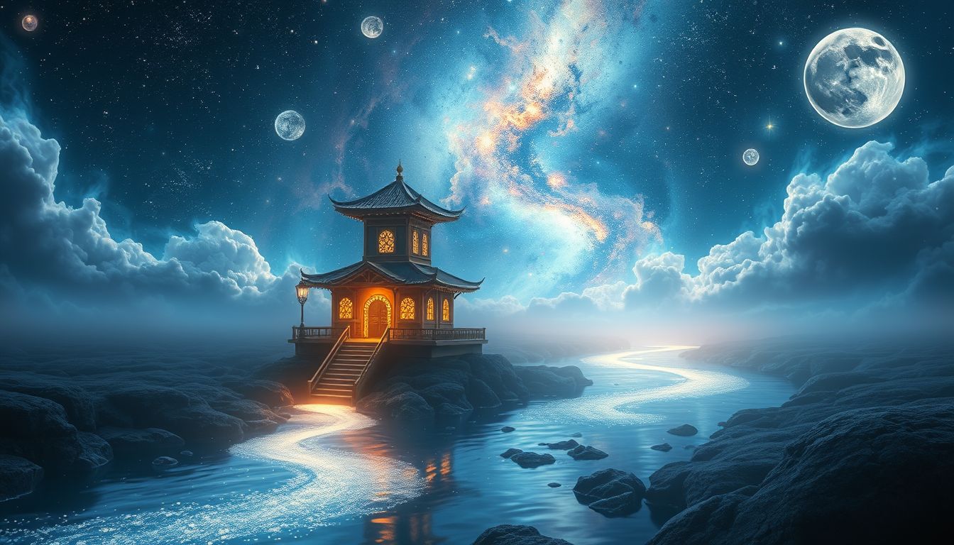 Ein Pförtnerhaus am Fluss symbolisiert emotionale Übergänge und Schutz.