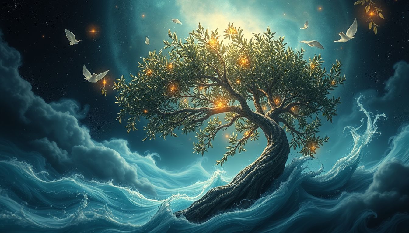 Ein Ölbaum im Sturm symbolisiert innere Stärke trotz Herausforderungen.