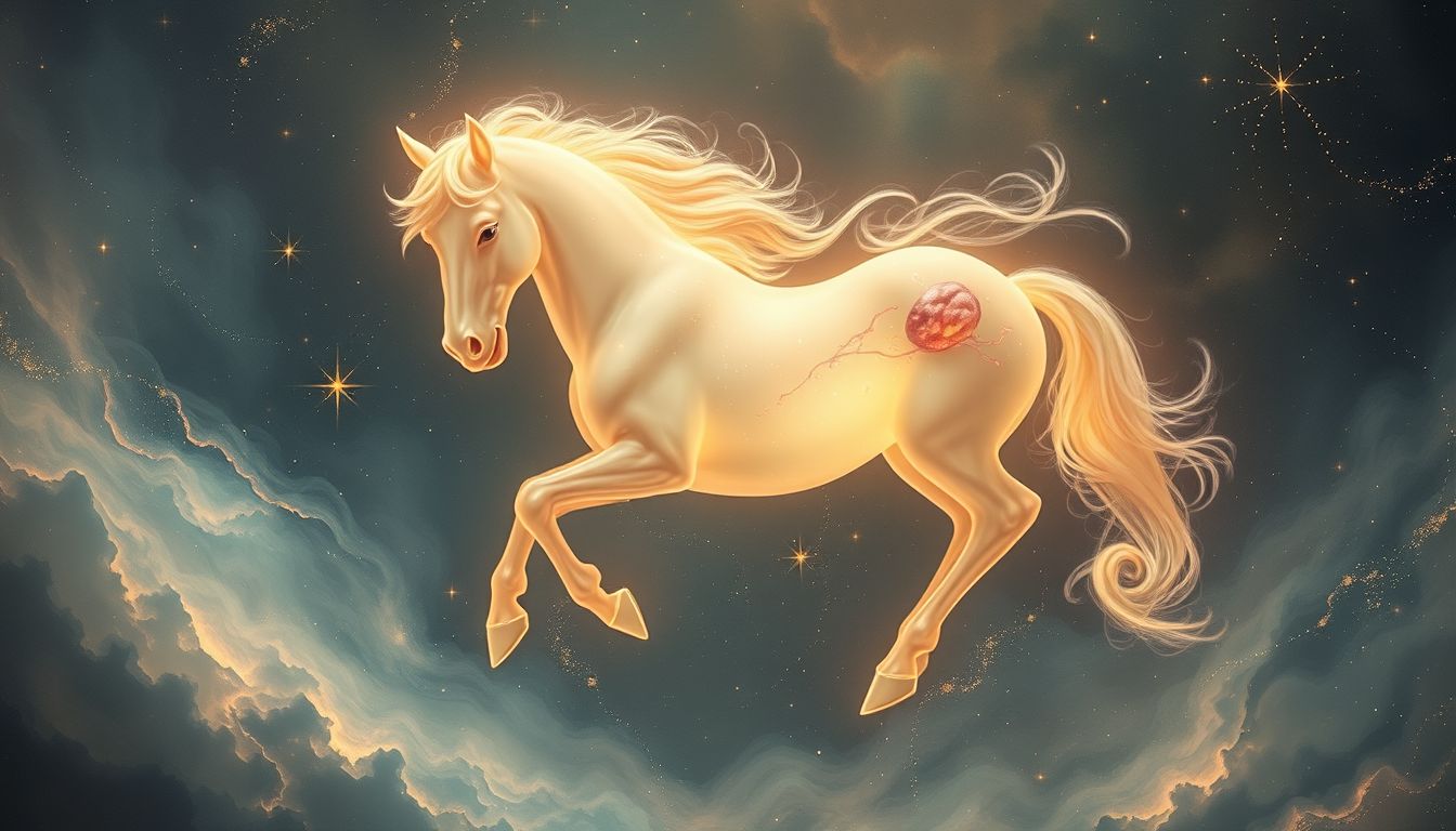 Ein verletztes Postkutschenpferd symbolisiert innere Schwäche und Erschöpfung.