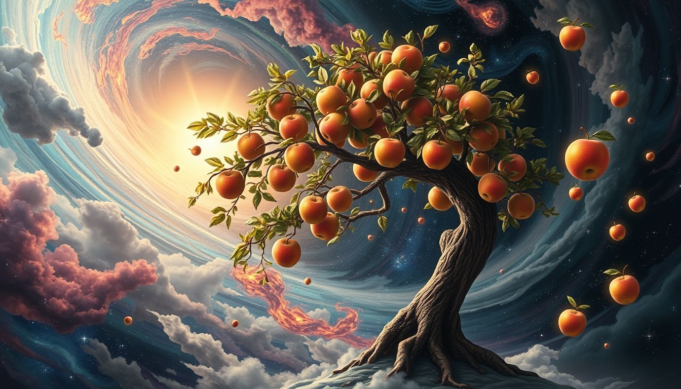 Ein Apfelbaum im Sturm symbolisiert innere Konflikte und Veränderung.