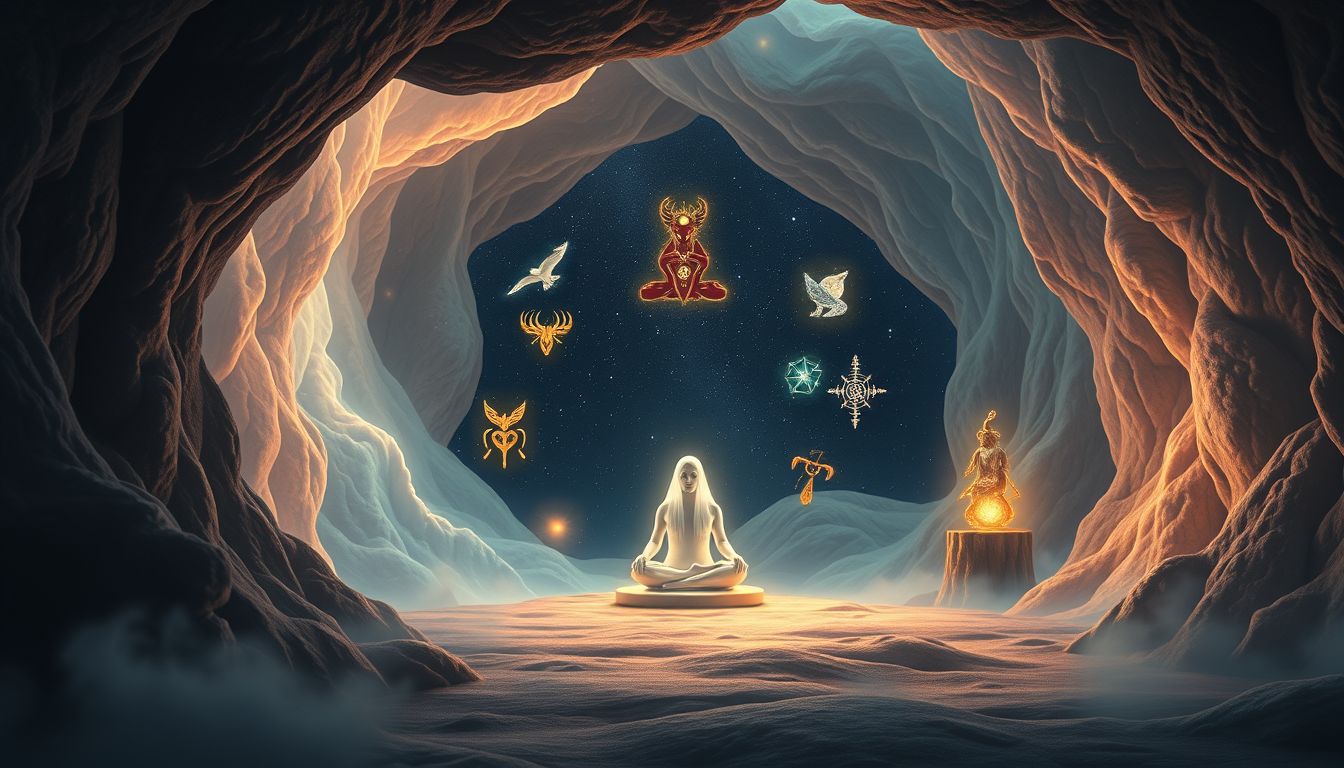 Ein Schamane in Höhle symbolisiert innere Heilung und Selbstfindung.