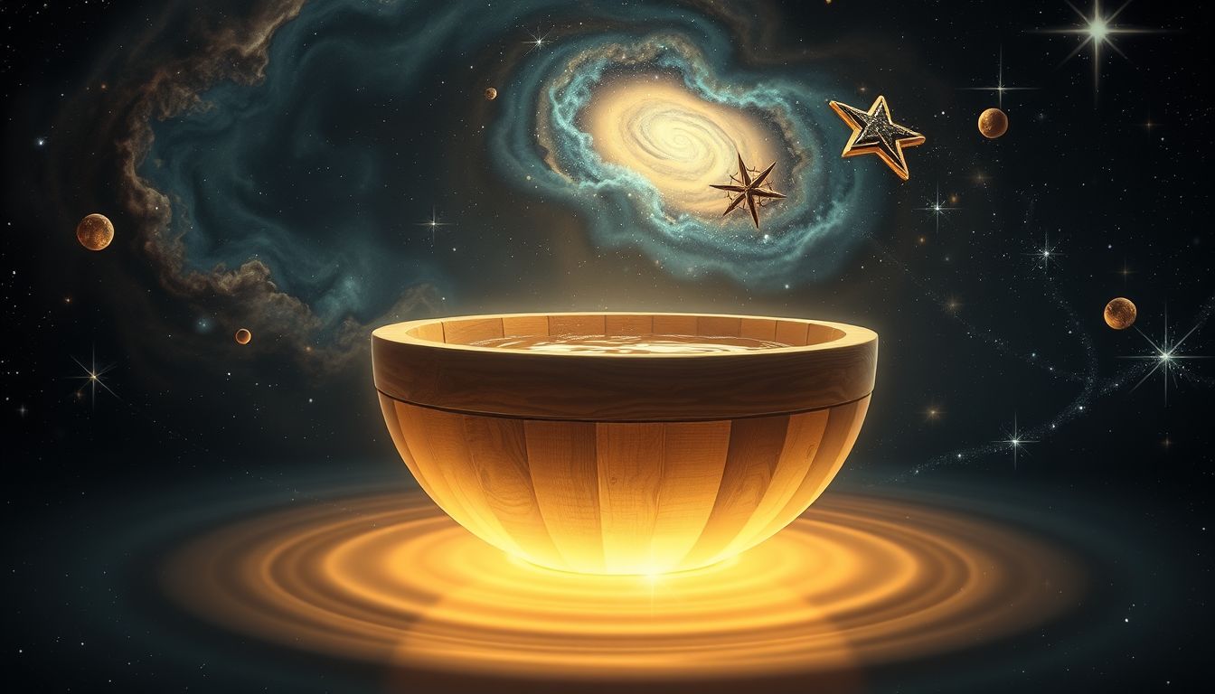 Ein hölzernes Weihwasserbecken symbolisiert natürliche Reinheit und Schutz.