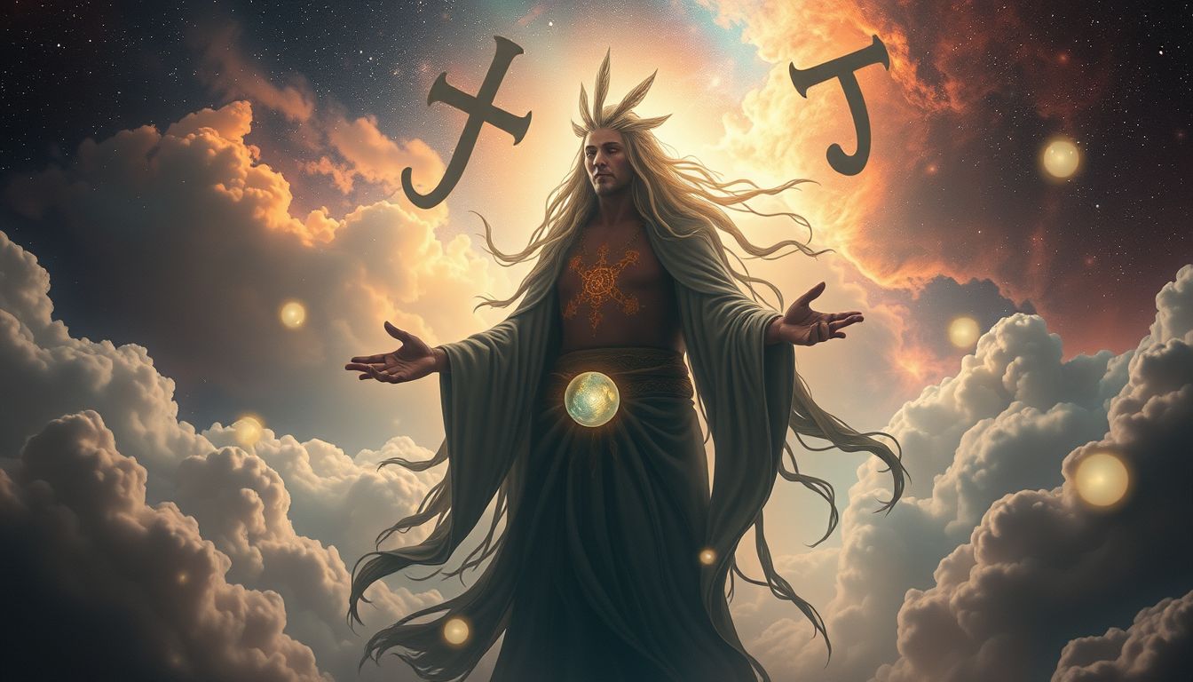 Ein Schamane in fremder Sprache symbolisiert spirituelle Führung und Rätsel.