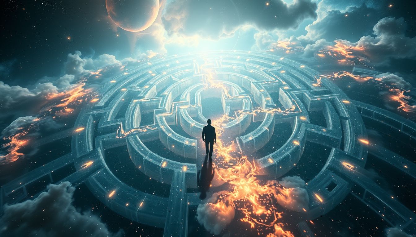 Ein Wirtschaftsprüfer im Labyrinth symbolisiert Entscheidungsunsicherheit und Orientierungslosigkeit.