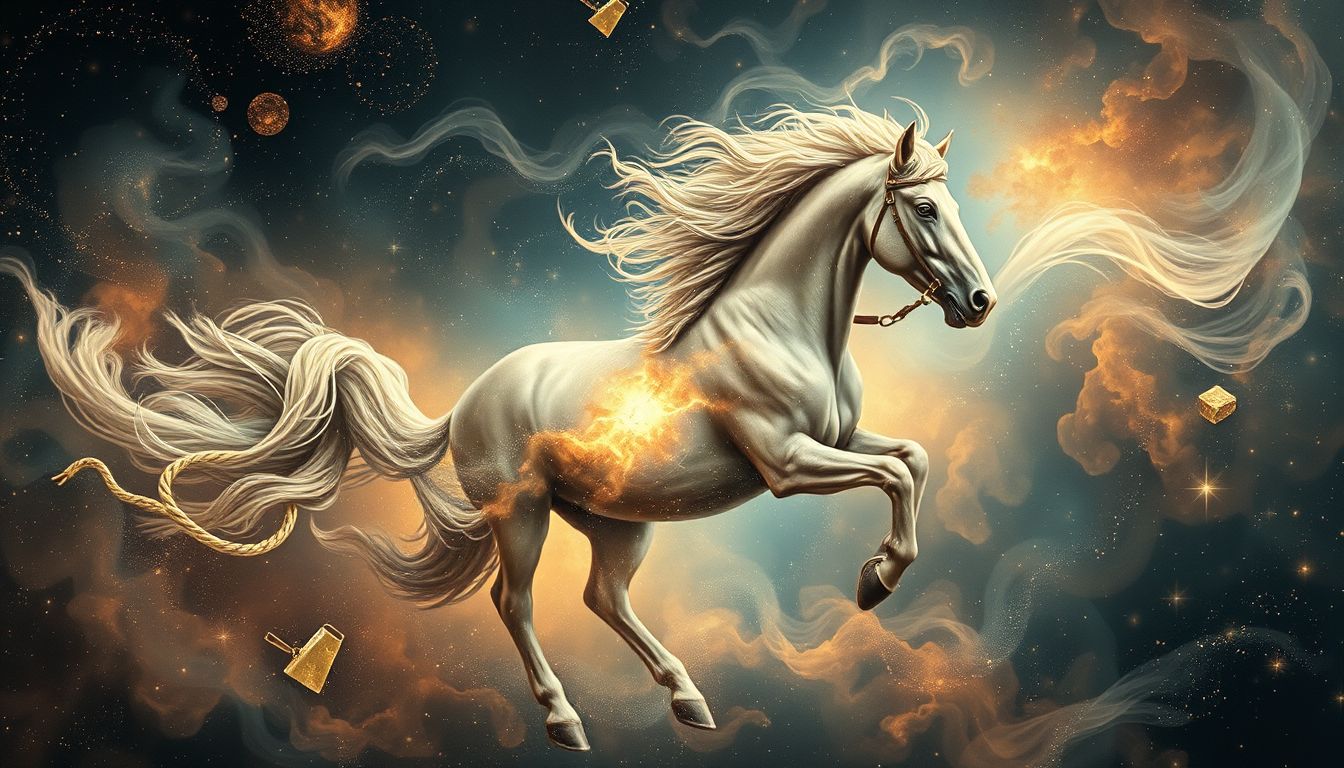 Ein wildes Postkutschenpferd symbolisiert ungezügelte innere Kraft.