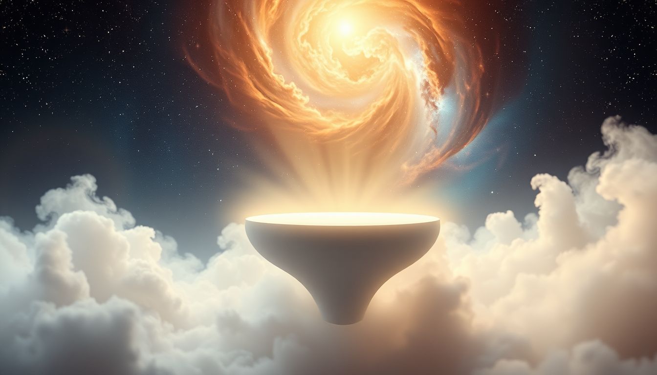 Eine schwebende Kanzel symbolisiert spirituelle Erhebung und Freiheit.