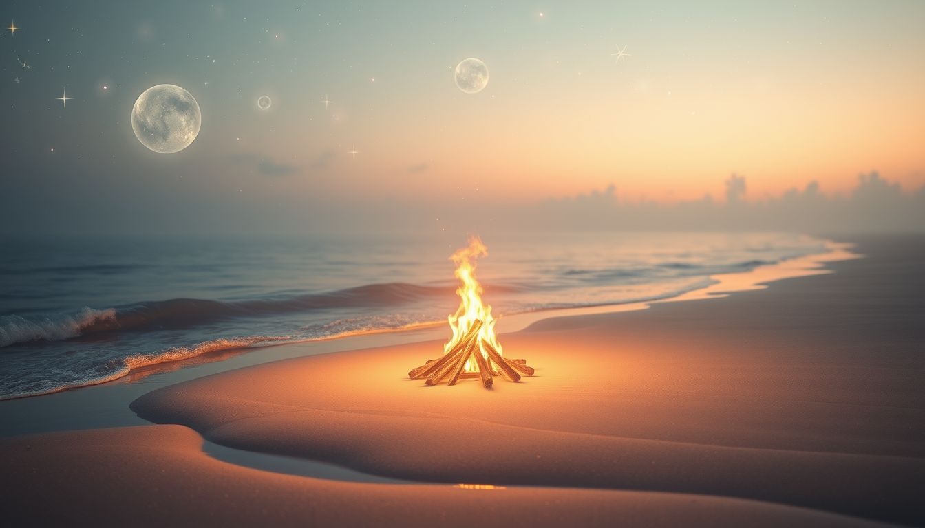 Wachtfeuer am Strand symbolisiert Reinigung und tiefes emotionales Loslassen.