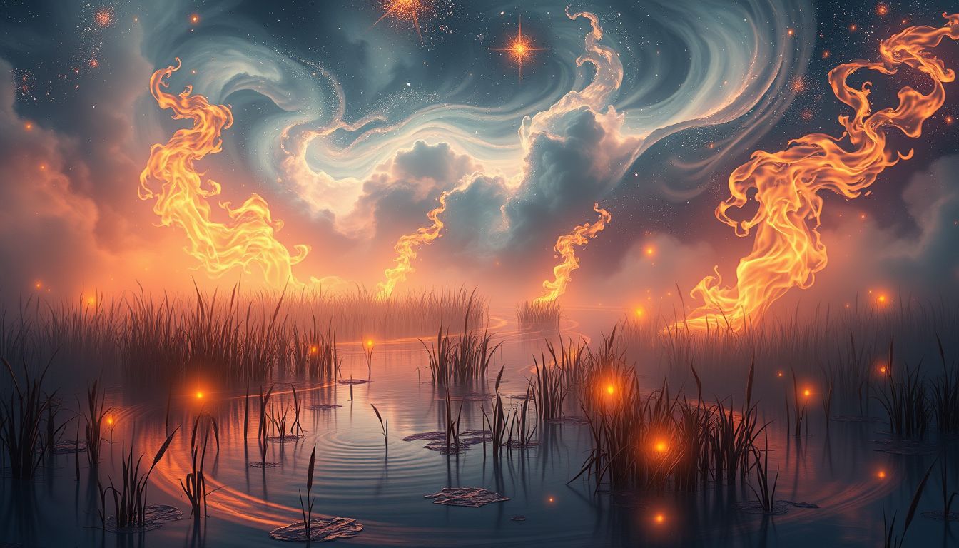 Ein brennendes Marschland symbolisiert zerstörerische innere Konflikte im Traum.