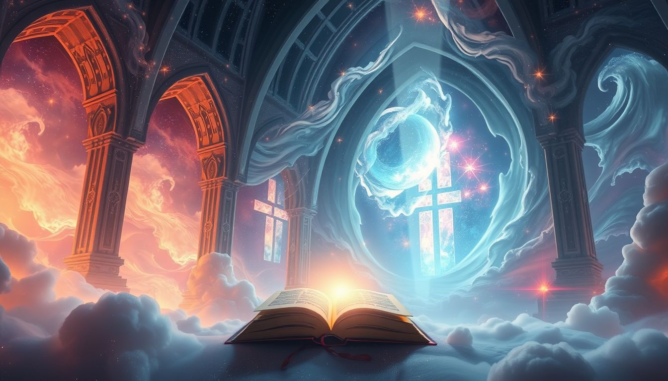 Ein Gebetbuch in der Kirche symbolisiert spirituelle Führung und Schutz.