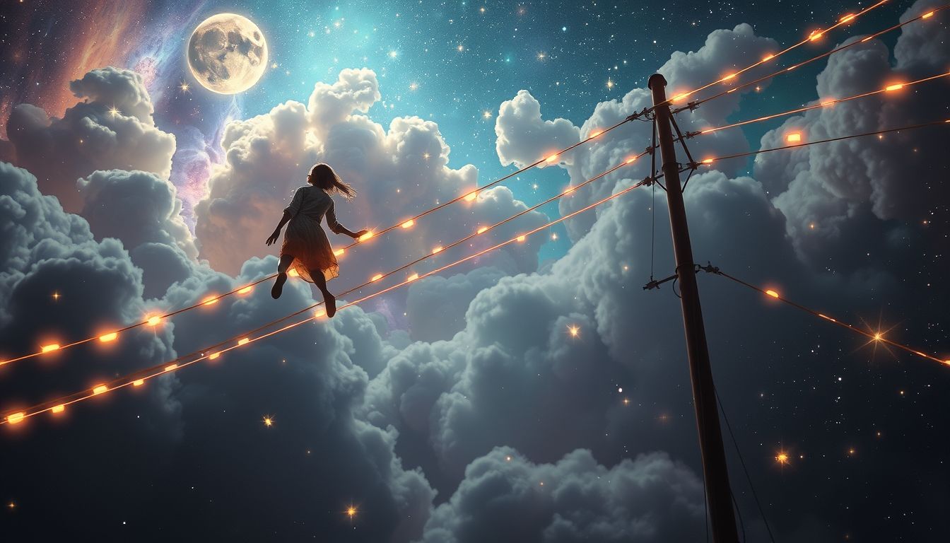 Eine Person am Telegrafendraht symbolisiert Überwindung von Kommunikationshindernissen.