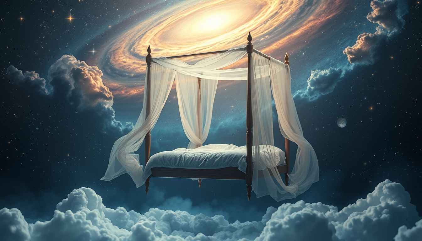 Ein Himmelbett im Freien symbolisiert Sehnsucht nach Freiheit und Abenteuer.