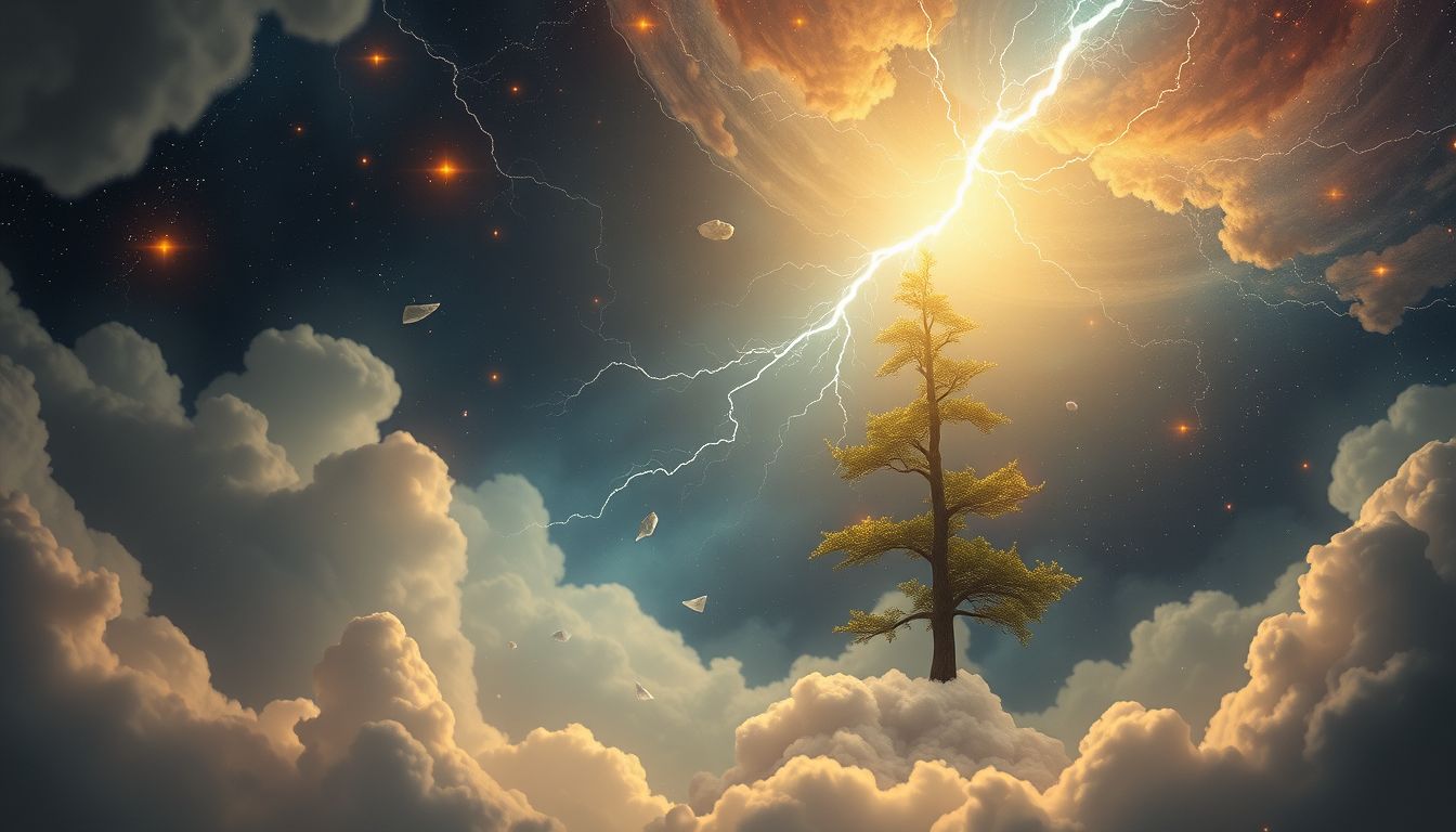 Ein Blitz im Wipfel symbolisiert plötzliche Erkenntnis und Veränderung.