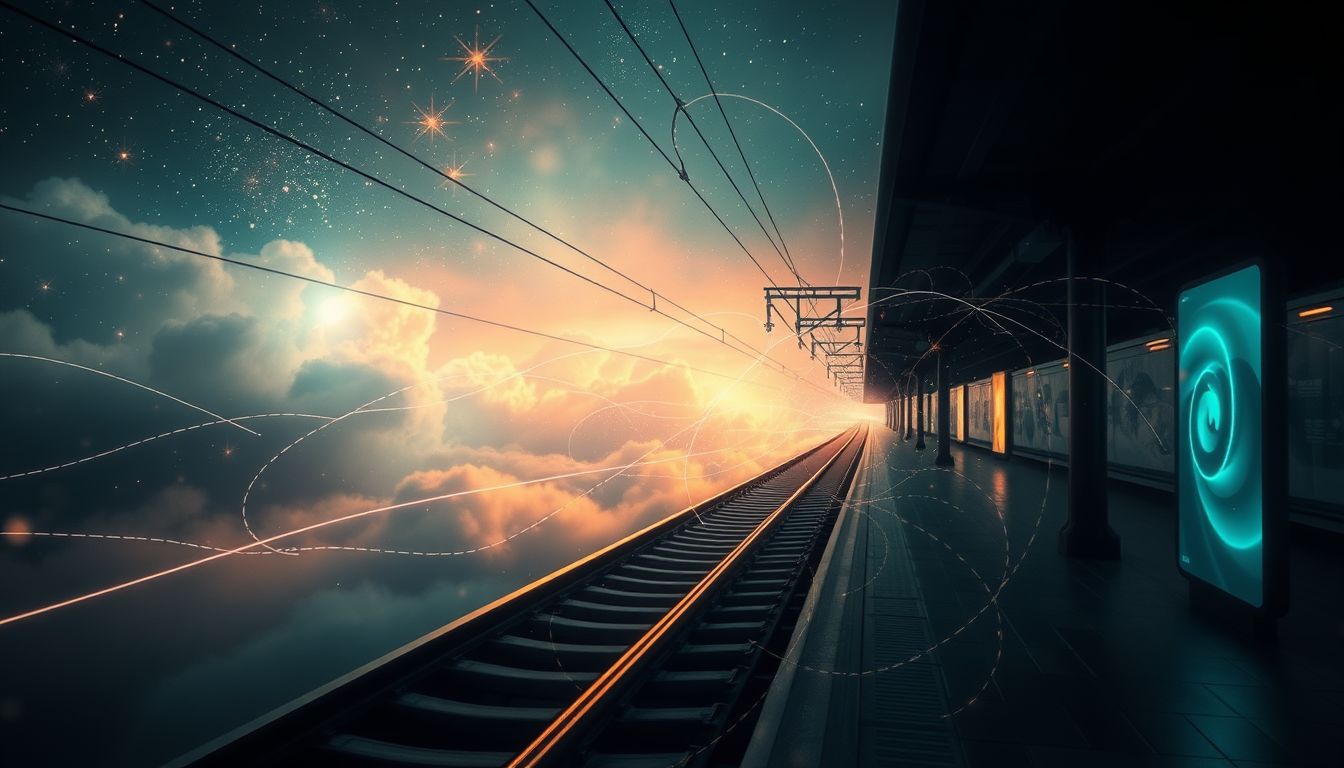 27. Telegrafendrähte am Bahnhof symbolisieren Kommunikation und Verbindung.