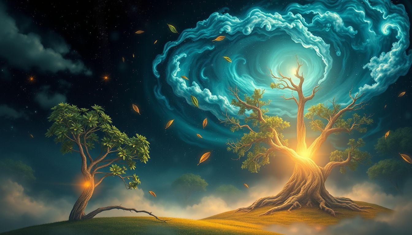 Ein Hain im Sturm symbolisiert innere Konflikte und Neubeginn.