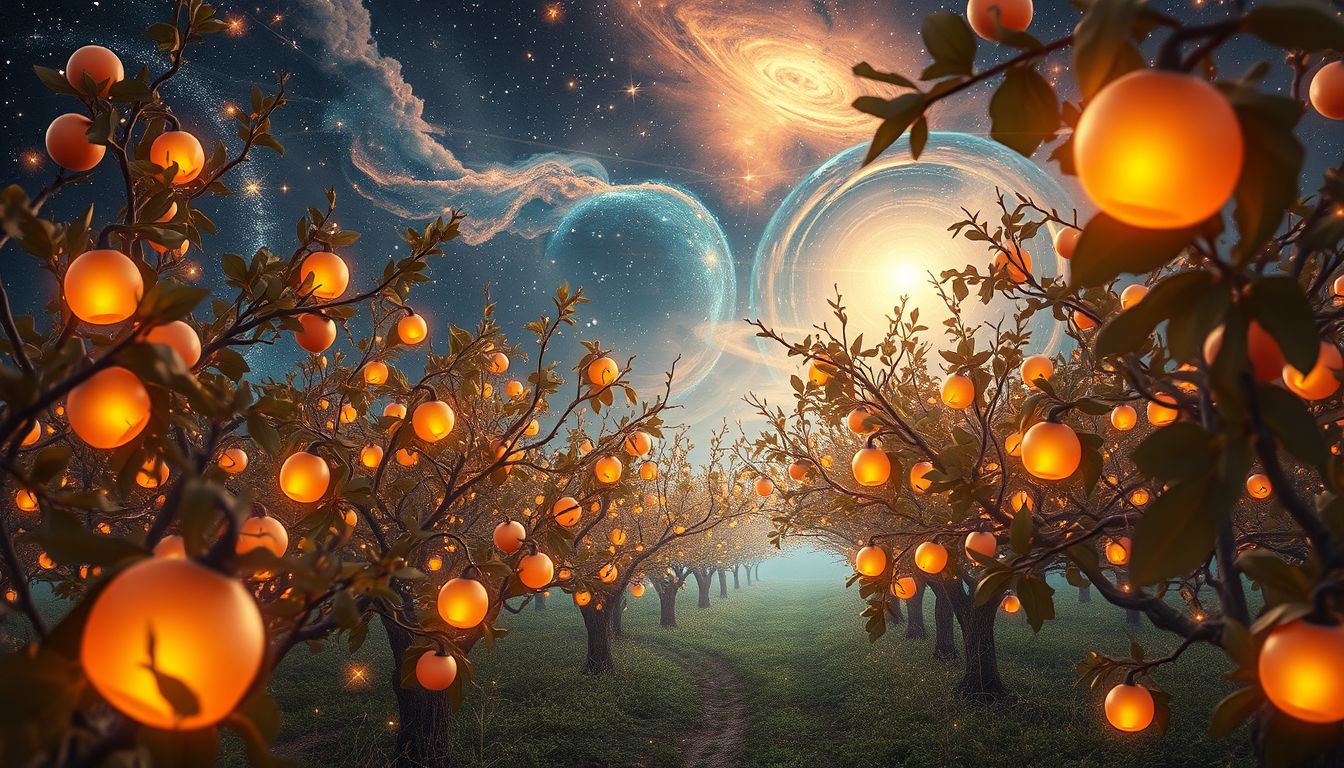 Ein Hain voller Früchte symbolisiert Ernte, Wohlstand und Erfolg.