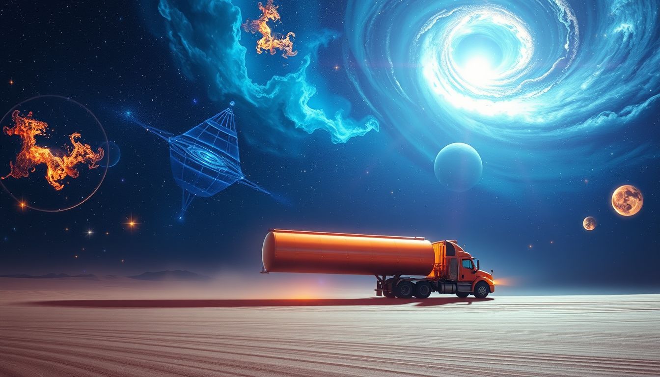 Ein Tankwagen in der Wüste symbolisiert lebenswichtige Ressourcen und Einsamkeit.