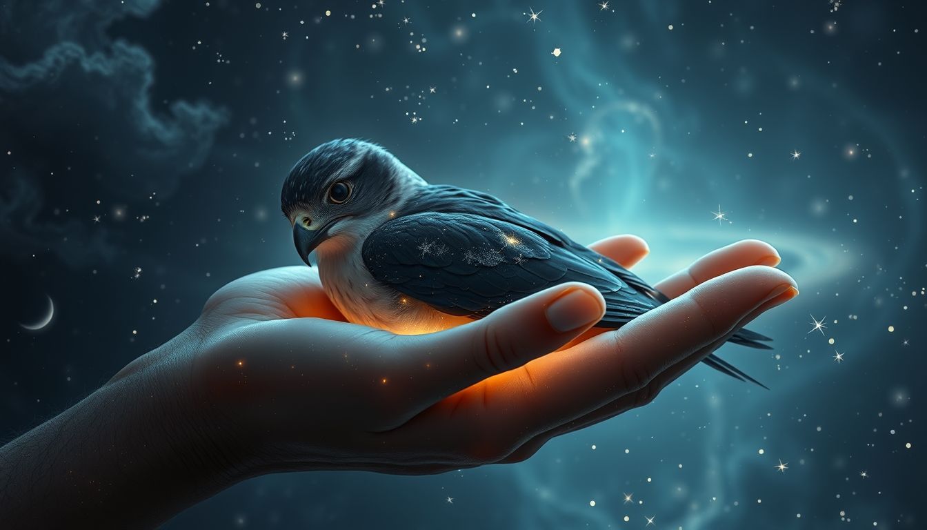 Ein verletzter Nachtfalke symbolisiert innere Verletzlichkeit und Heilungsbedarf.