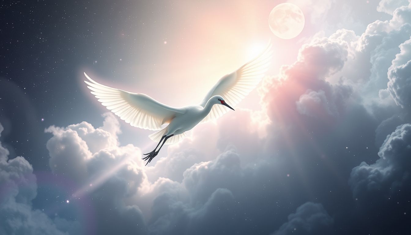 Ein weißer Kranich symbolisiert spirituelle Erleuchtung und reine Unschuld.