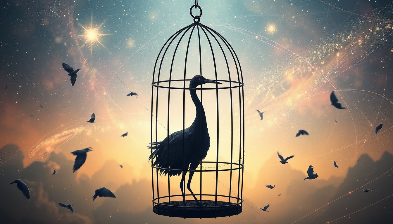 Ein eingesperrter Kranich symbolisiert gebannte Freiheit und verborgene Kräfte.