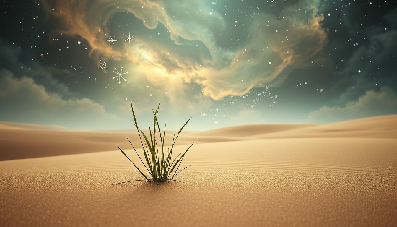 Wüstengras symbolisiert Hoffnung trotz äußerster Trockenheit und Mangel.