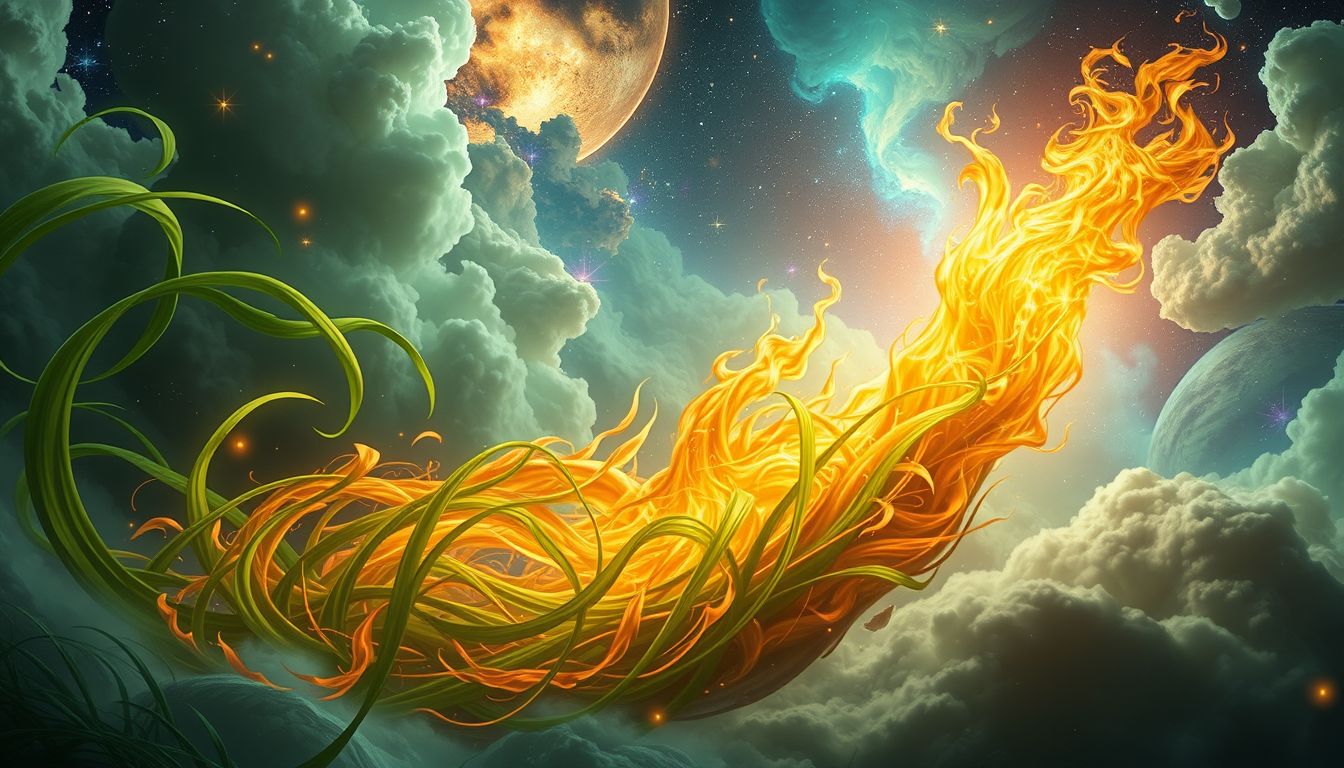 Gras und Feuer symbolisieren Leidenschaft, Zerstörung und innere Transformation.