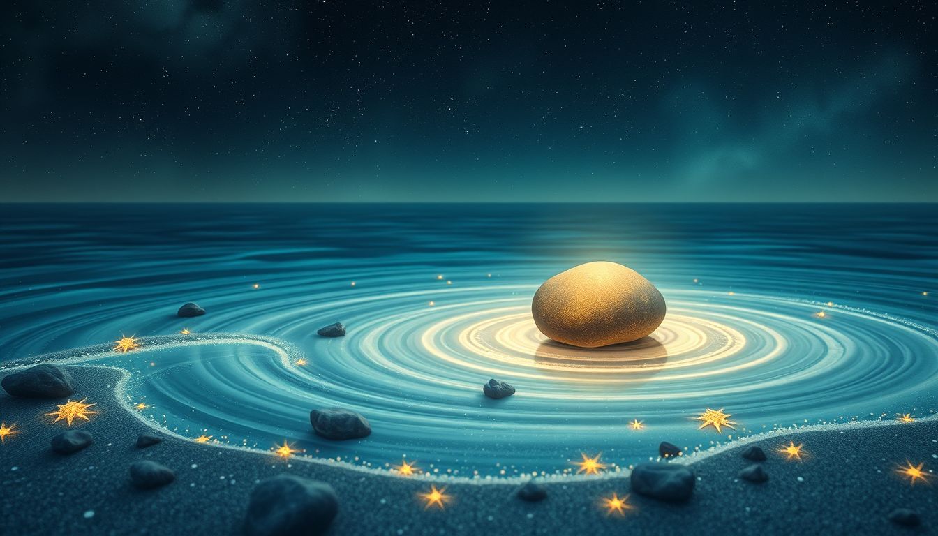 Ein einzelner Rheinkiesel symbolisiert Klarheit und innere Ruhe im Traum.