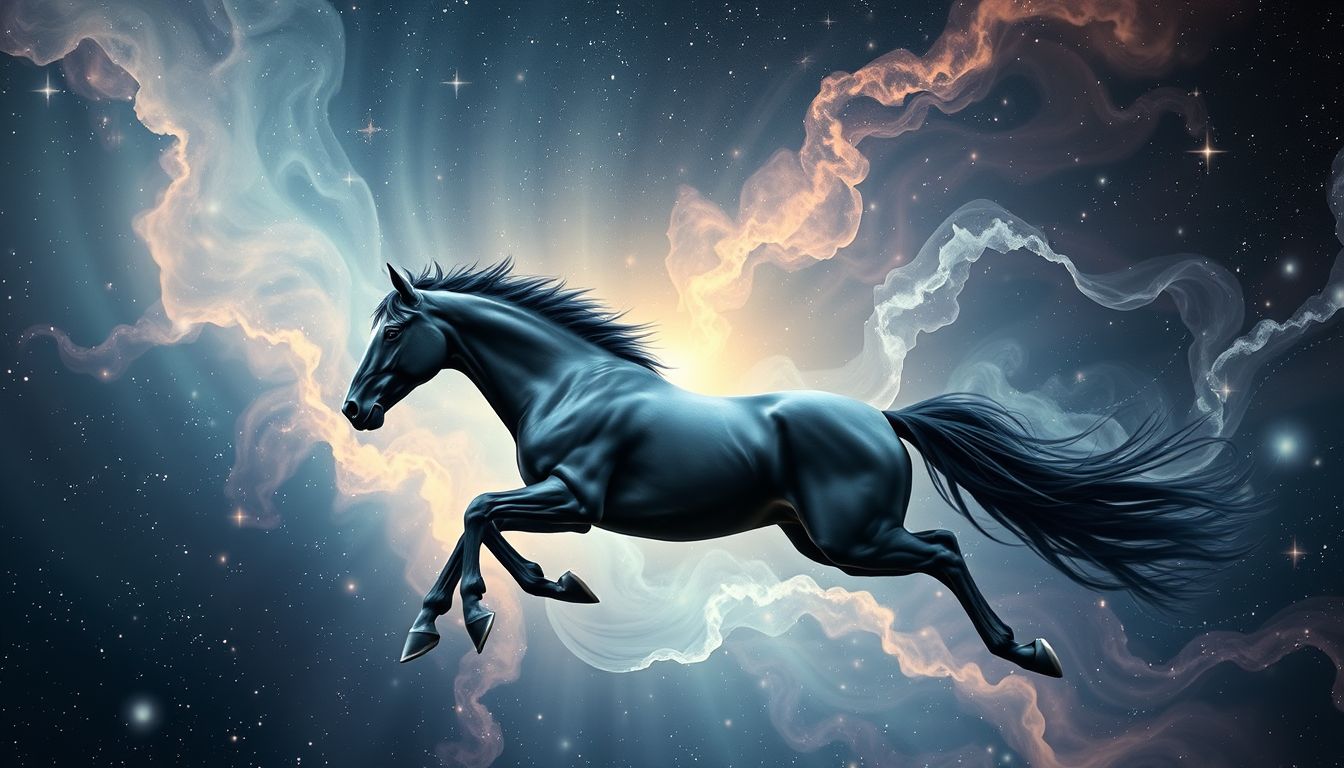 Ein fliegendes schwarzes Pferd symbolisiert Freiheit und unerwartete Veränderungen.