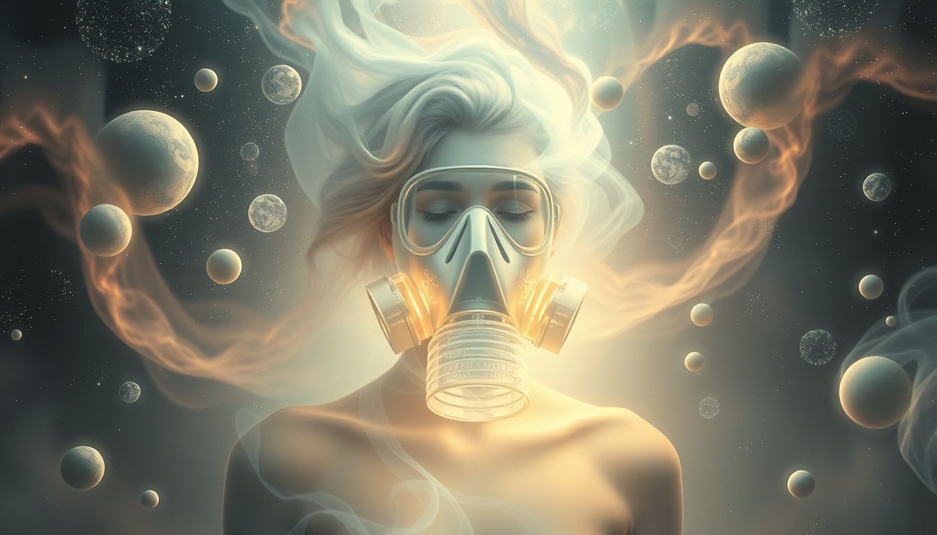 Das Atmen in einer Gasmaske symbolisiert Schutz vor emotionaler Überforderung.