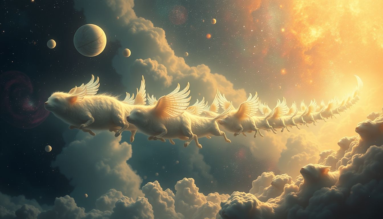 Ein Leichenzug mit Tieren symbolisiert innere Konflikte und Wandel.