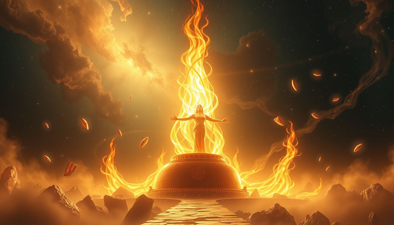 Ein feuer speiendes Götzenbild symbolisiert innere Zerstörung und Wandel.