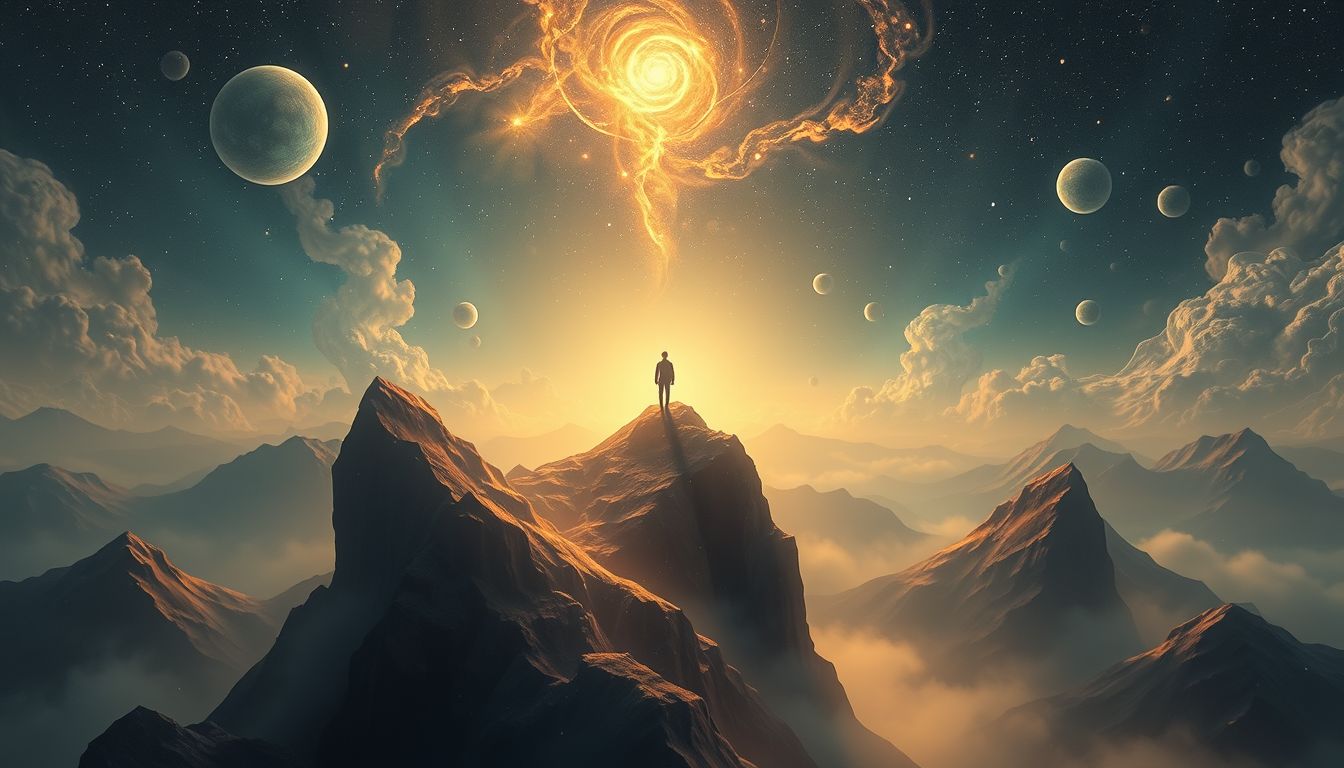 Ein Wanderbursche auf dem Berg symbolisiert neue Lebenswege und Herausforderungen.