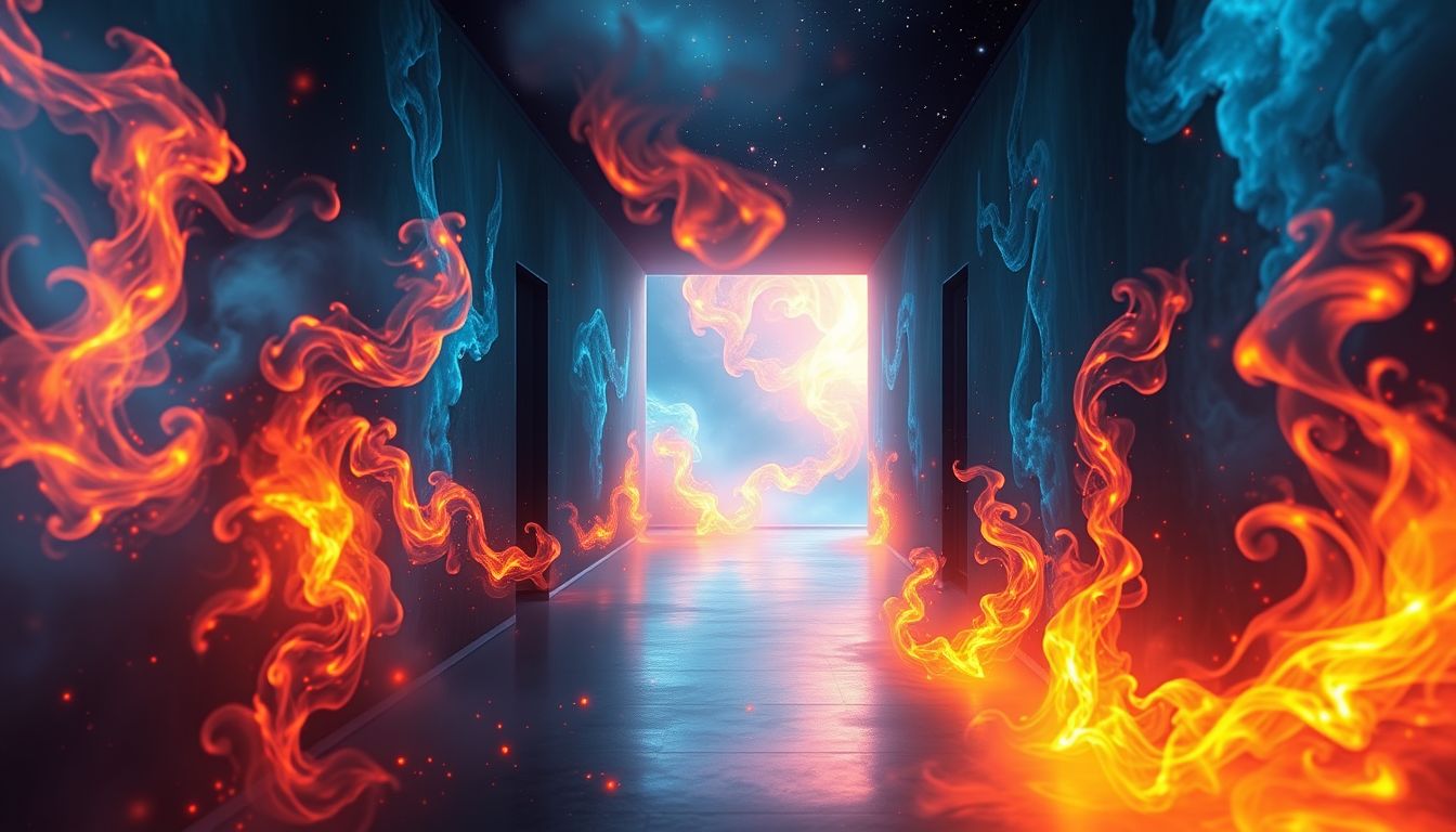 Ein brennender Hausflur symbolisiert innere Konflikte und Transformation.