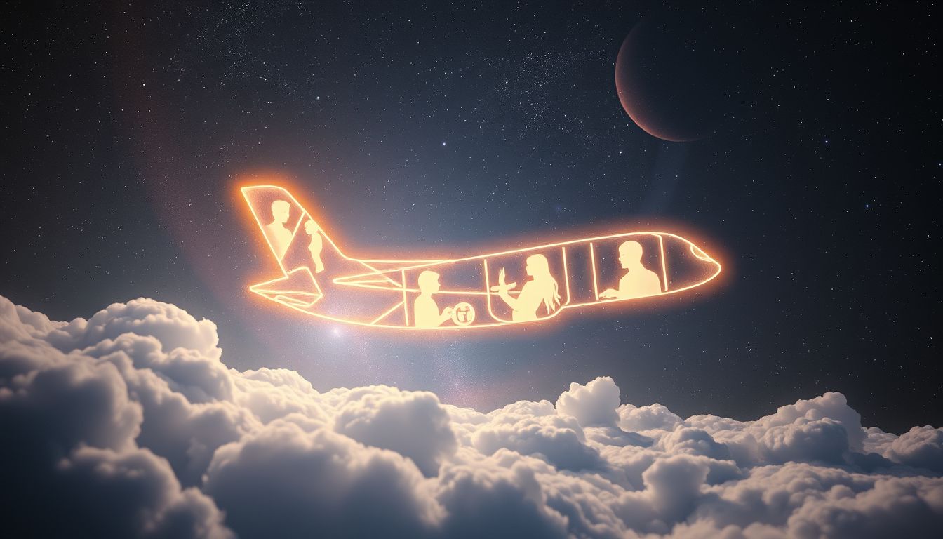 Ein Flugzeug voller Bekannter symbolisiert familiären Zusammenhalt und soziale Bindungen.