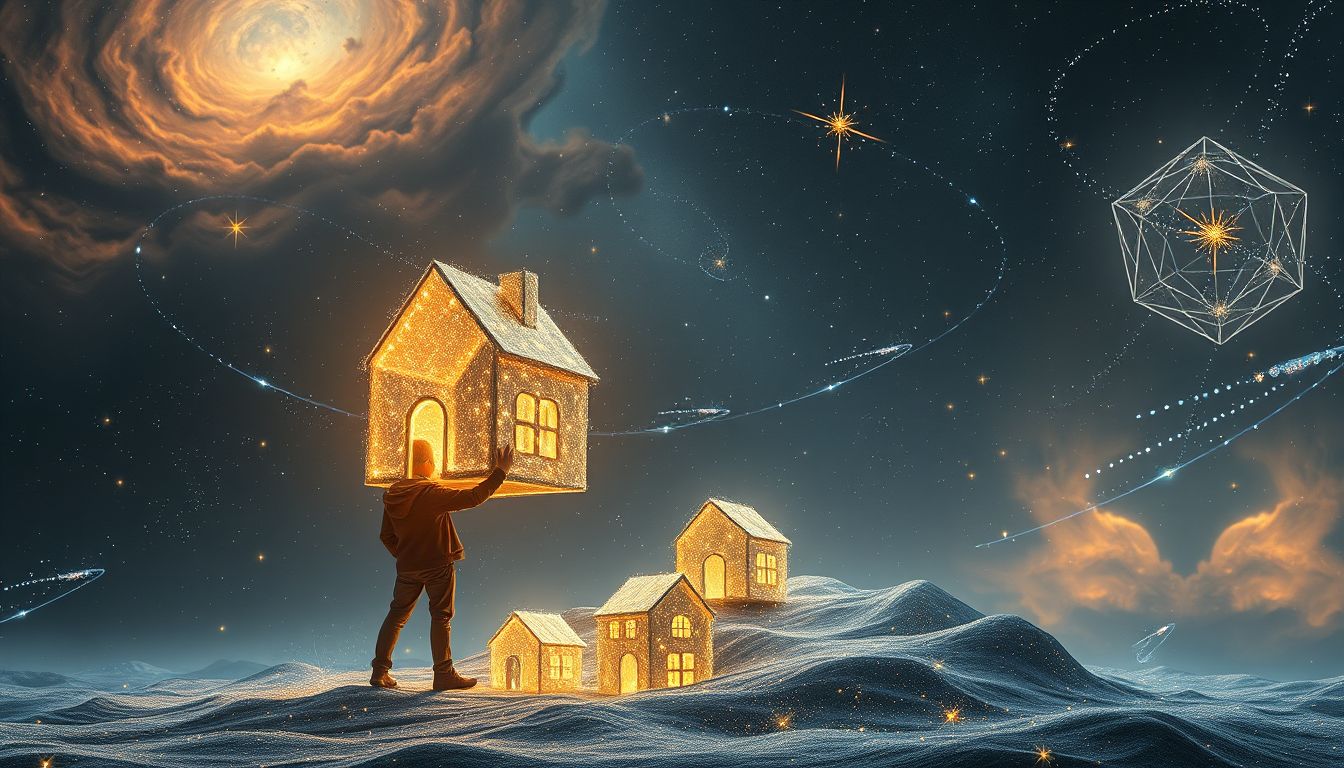 Ein Wanderbursche beim Hausbau symbolisiert Neubeginn und Selbstständigkeit.