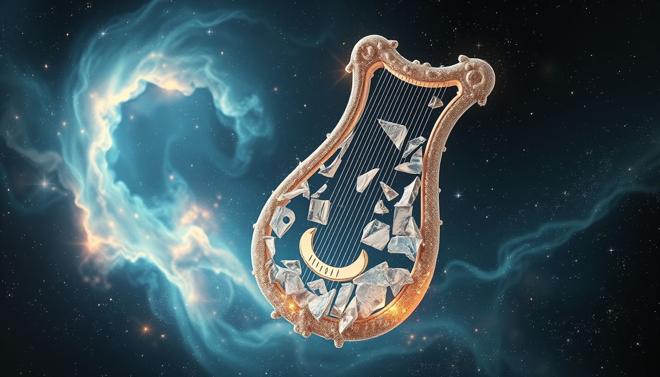 Eine zerbrochene Leier symbolisiert oft unerfüllte kreative Sehnsüchte.