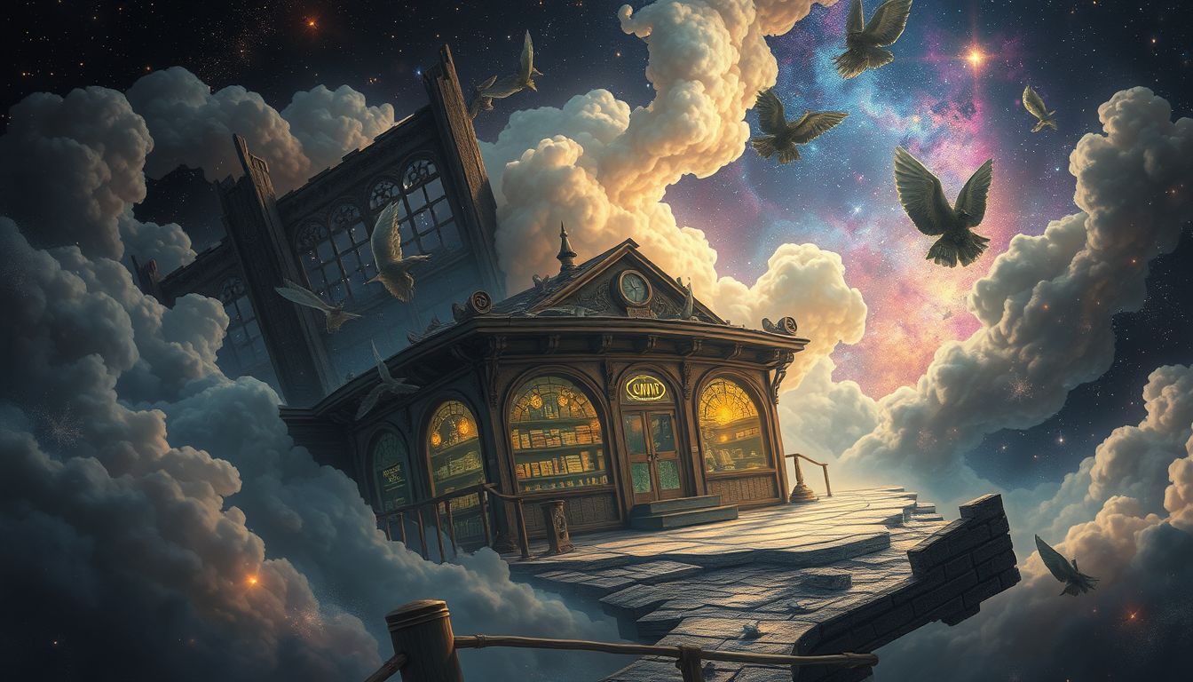 Eine verfallene Schenkstube symbolisiert verlorene Fürsorge und Vergänglichkeit.