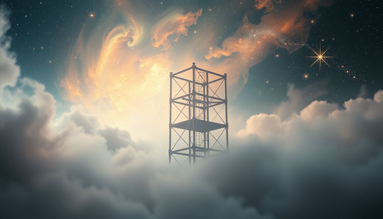 Ein Gerüst im Nebel symbolisiert Unsicherheit und neue Lebensphasen.