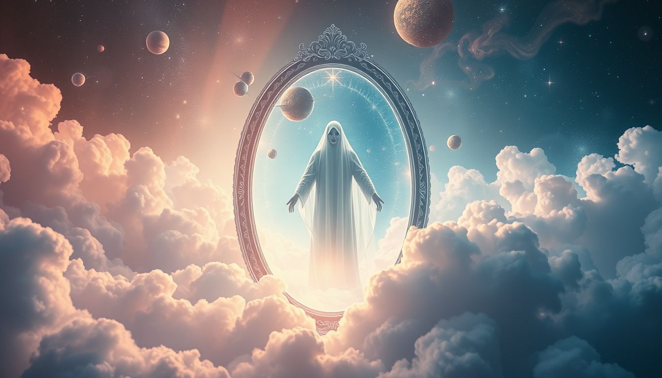 Ein Leichenwärter im Spiegel symbolisiert Konfrontation mit eigener Sterblichkeit.