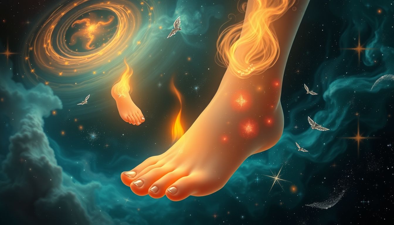 Feuer an Fußnägeln symbolisiert innere Reinigung und Transformation im Traum.