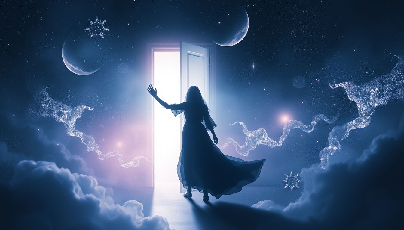 Das Öffnen der Tür symbolisiert den Übergang zwischen Leben und Tod.